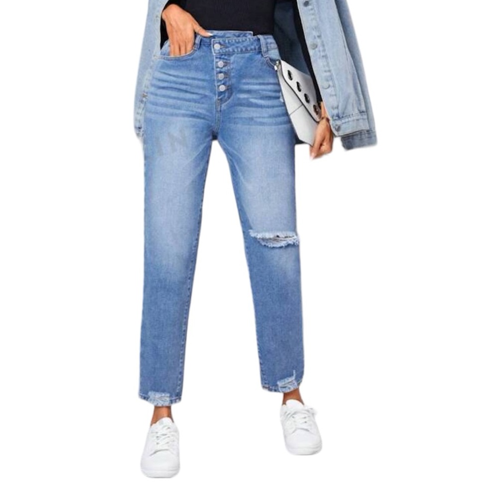 SHEIN High Rise Button Down Cropped Distressed Denim Jeans Size 25 NWOT